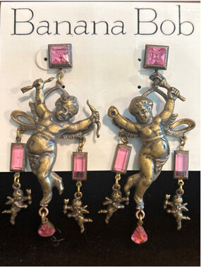 Women's Banana Bob Gold Cupid Dangle Earrings with Pink Stones, collectible
